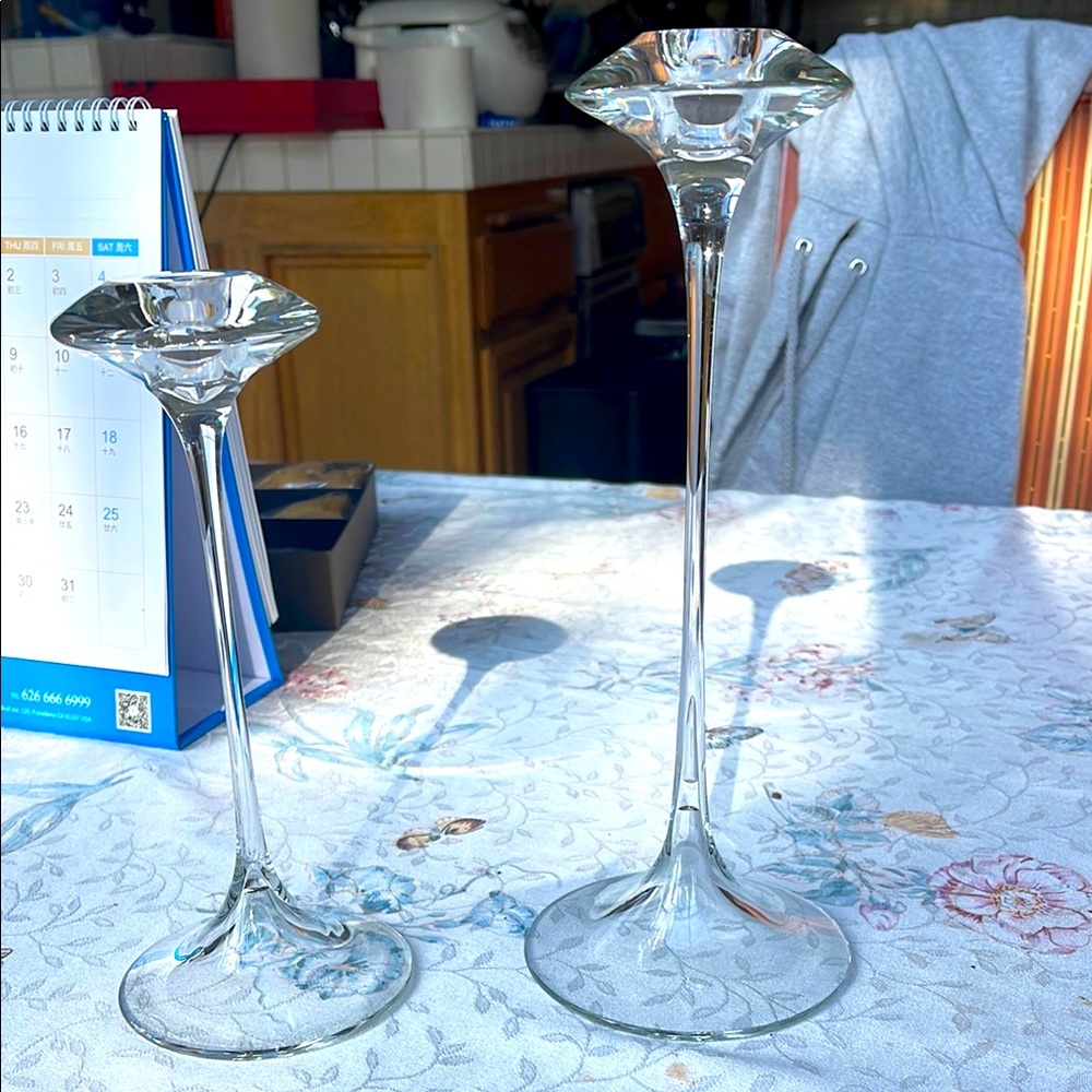 Elegant tall Crystal  Candle Holders 8.75”and 11”